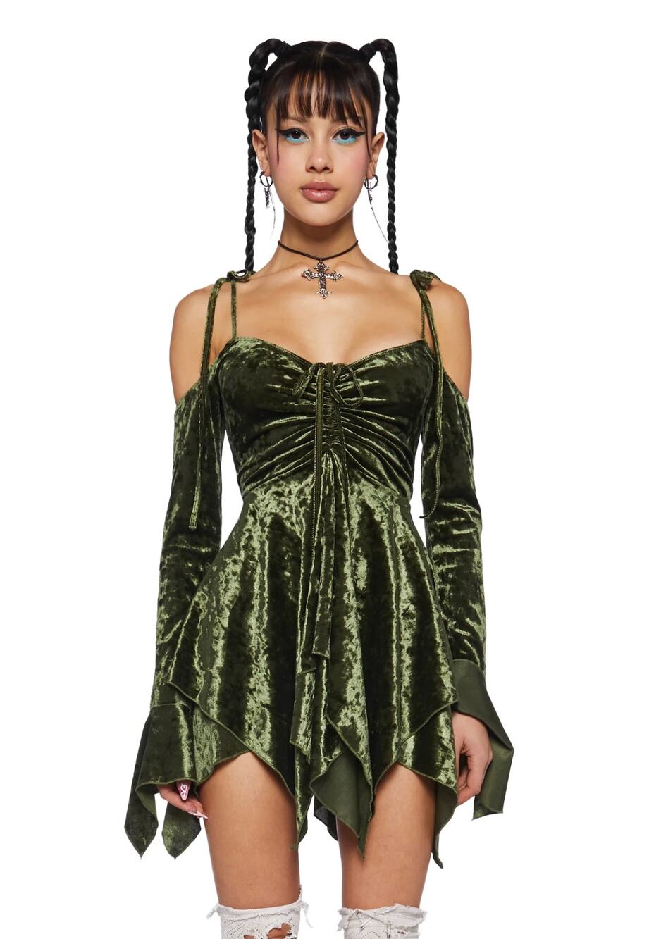 NWT Current Mood Olive Velvet Fairycore Handkerchief Mini Dress Goth Fae Small